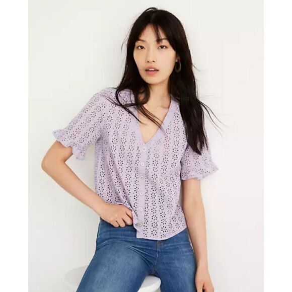madewell Eyelet Village Ruffle-Sleeve Shirt XS - Picture 1 of 8